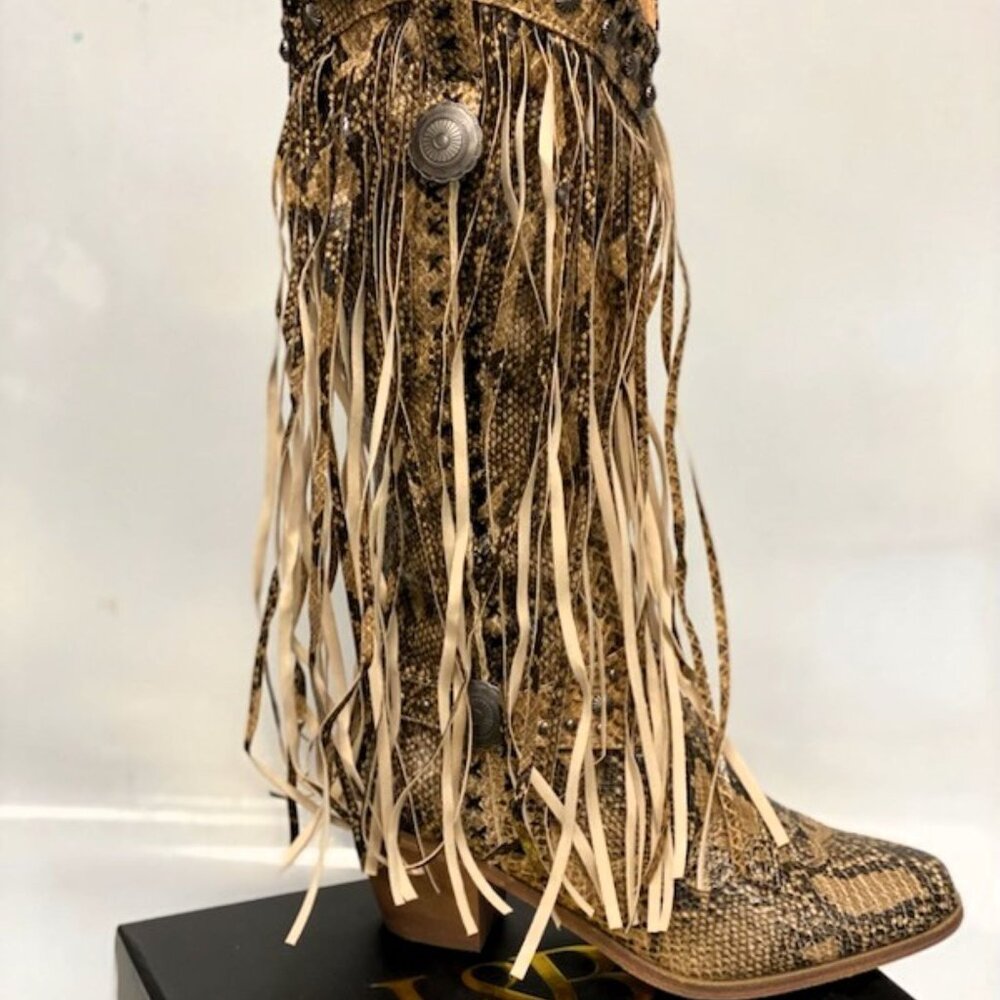Brown Snake Fringed Cowboy Boots by L&B - Picture 1 of 6